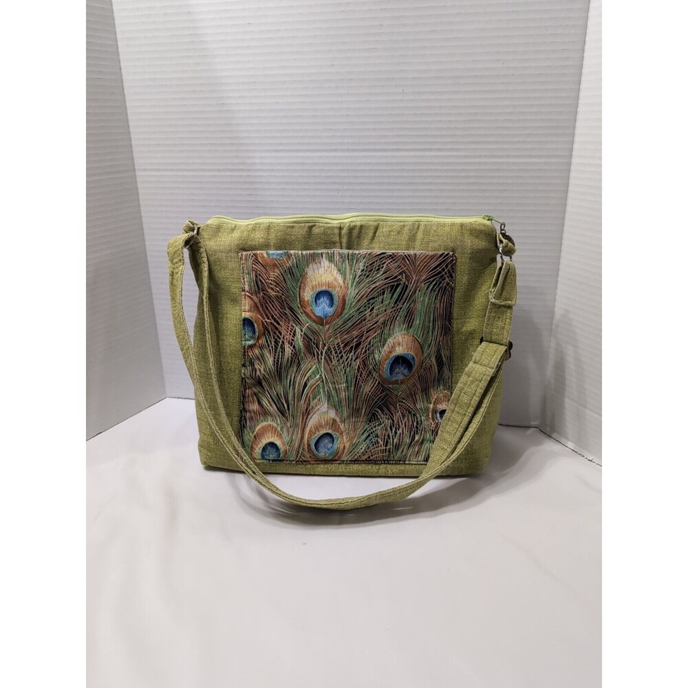 Handmade fabric purse peacock feathers green blue made by Dot's Needle